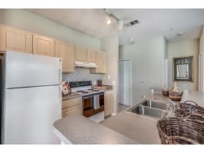a kitchen with a refrigerator and a sink