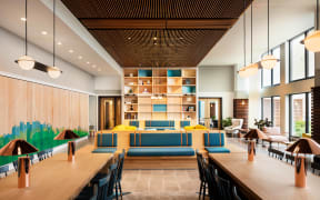 Lobby with Natural Light & Charging Stations for Work From Home Spaces at Landmark West Loop Apartments in Chicago, IL