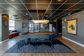A modern living room with a black and white striped rug.