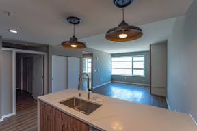 A kitchen with a sink and a window.