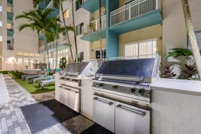 two stainless steel barbecue grills in an outdoor area with palm trees