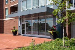 a view of the front of the building from the sidewalk