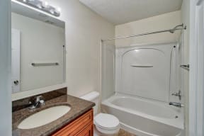 a bathroom with a sink and a shower and a toilet