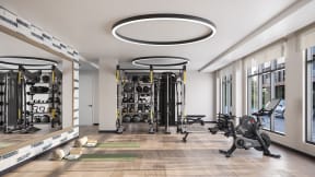 a gym with a lot of weights and equipment in a building