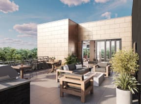 a rendering of a rooftop patio with furniture and tables