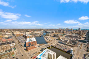 a view of the city from the top of a building