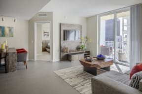 VU New River - Living Room with Porcelain Tile, Sliding Door and Private Balcony