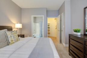 a bedroom with a large bed and a closet and a bathroom