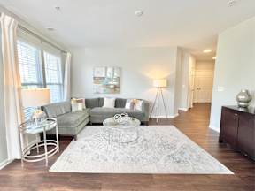 A living room with a grey sofa, a glass table, and a rug.