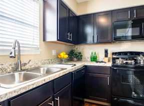 Kitchen Area included Black Appliances and Rich Cabinets