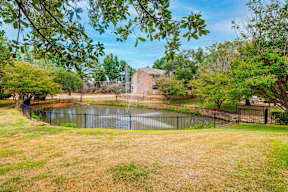 A pond in a grassy area with trees and a house in the background.