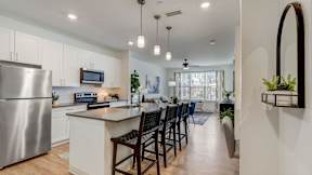 Stainless steel appliances and modern lighting inside homes at The Artisan at Robinson Apartments