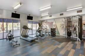 a gym with weights and cardio equipment on a wooden floor