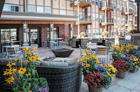 A patio with a table surrounded by chairs and potted plants.