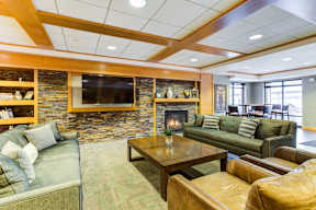 A living room with a stone fireplace and a flat screen TV mounted above it.