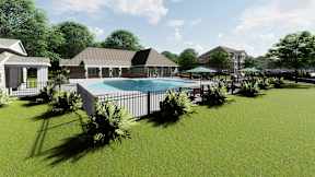 A pool surrounded by a grassy area and trees.