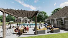 A group of people are sitting and standing under a pergola on a patio.