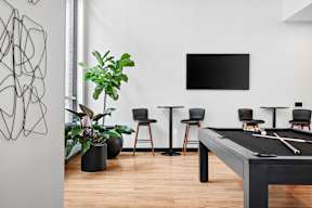 A black pool table is in the middle of a room with a tv and a plant.