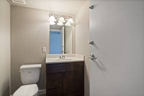 A bathroom with a toilet, sink, and mirror.
