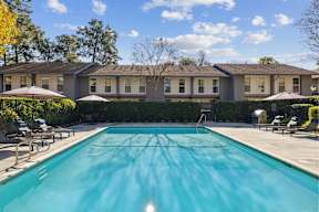 Dog-Friendly Affordable Apartments in Santa Clara, CA - Montecito Apartment Homes - Swimming Pool with Sun Loungers, Umbrellas, Hedgerow Fence, Trees, and View of the Apartments.