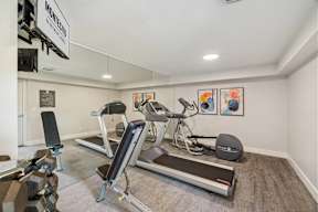 A gym room with a treadmill, exercise bike, and weights.