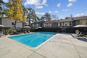 A swimming pool surrounded by a concrete patio and a row of houses.