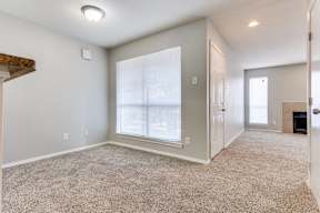A room with a carpeted floor and a window with blinds.