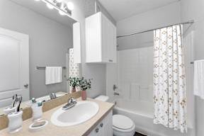 A bathroom with a sink, toilet, and shower.