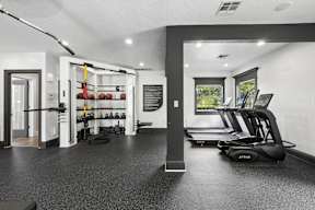 A gym with a row of treadmills and a squat rack.