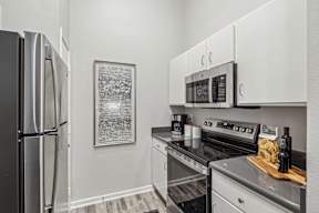A modern kitchen with a refrigerator, microwave, oven, and a picture on the wall.