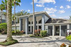 A modern building with a palm tree in front.