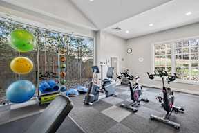 A gym with exercise equipment and a window overlooking a backyard.