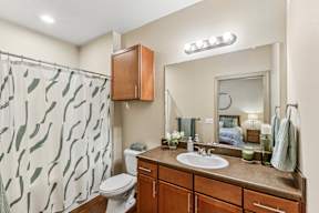 A bathroom with a sink, toilet, and shower curtain.