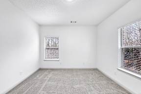A room with a window covered by blinds and a carpet on the floor.