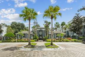 A driveway with two palm trees in front of a house.