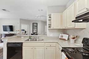 A kitchen with a black stove top oven and a white sink.