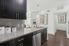 A kitchen with black cabinets and a granite countertop.