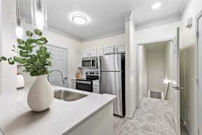 A kitchen with a white counter top and a vase with a plant in it.