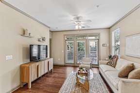 A living room with a television, a couch, and a coffee table.
