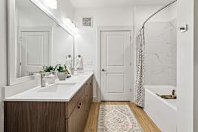 a bathroom with a sink and a shower and a mirror