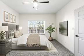 A bedroom with a bed, a ceiling fan, and a window with a view of a fence and trees.