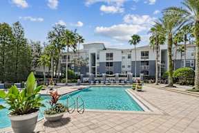 A pool surrounded by palm trees and a building in the background.