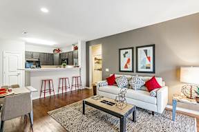 A modern living room with a grey couch and a coffee table.