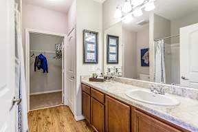 A bathroom with a sink, mirror, and a closet.
