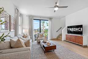 a living room with a couch and a coffee table
