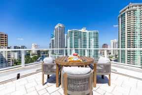 a balcony with a city view and a table and chairs