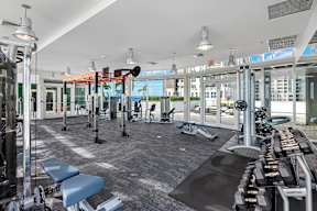 A gym with a variety of equipment including a treadmill, weights, and a bench.
