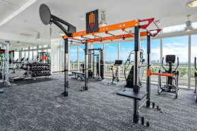 A gym with a variety of equipment including a squat rack, bench press, and a rowing machine.