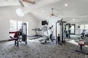 A spacious gym with a variety of equipment including treadmills, weight machines, and a squat rack.