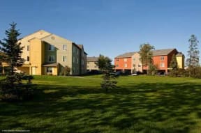 Sunny park scene here at Brighton Park Apartments with green lawn in foreground. Two residential buildings, one yellow and one red, are surrounded by trees under a clear blue sky.